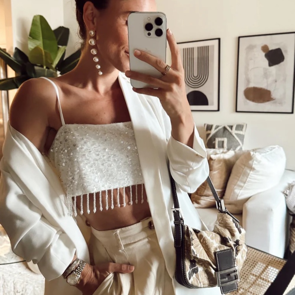 12TH TRIBE - AFFAIR WHITE SEQUIN FRINGE CROP TOP